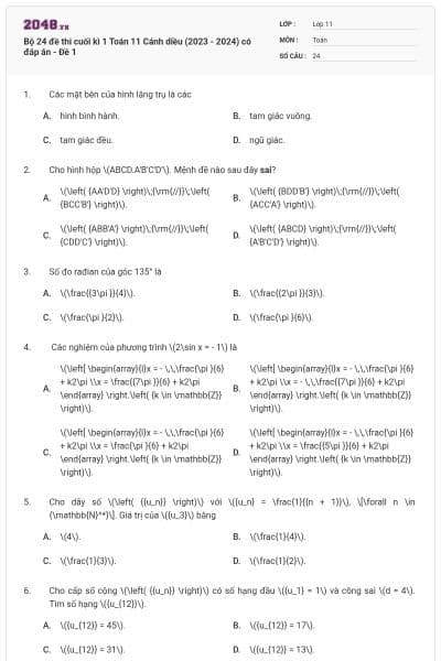 Bộ 24 đề thi cuối kì 1 Toán 11 Cánh diều (2023 - 2024) có đáp án - Đề 1