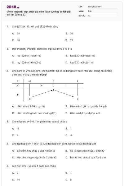 Đề ôn luyện thi thpt quốc gia môn Toán cực hay có lời giải chi tiết (Đề số 27)