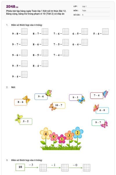 Phiếu bài tập hàng ngày Toán lớp 1 Kết nối tri thức Bài 12. Bảng cộng, bảng trừ trong phạm vi 10 (Tiết 2) có đáp án
