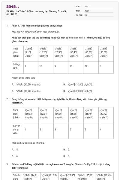 Đề kiểm tra Toán 11 Chân trời sáng tạo Chương 5 có đáp án - Đề 01