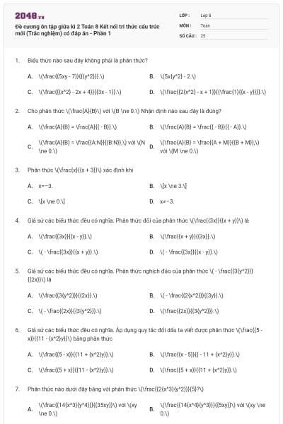 Đề cương ôn tập giữa kì 2 Toán 8 Kết nối tri thức cấu trúc mới (Trắc nghiệm) có đáp án - Phần 1