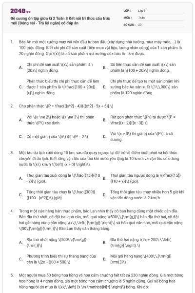 Đề cương ôn tập giữa kì 2 Toán 8 Kết nối tri thức cấu trúc mới (Đúng sai - Trả lời ngắn) có đáp án