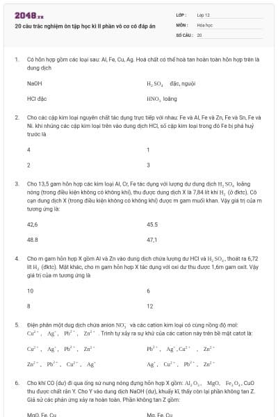 20 câu trắc nghiệm ôn tập học kì II phần vô cơ có đáp án
