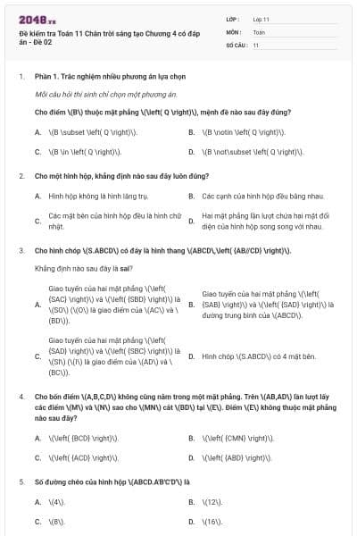 Đề kiểm tra Toán 11 Chân trời sáng tạo Chương 4 có đáp án - Đề 02