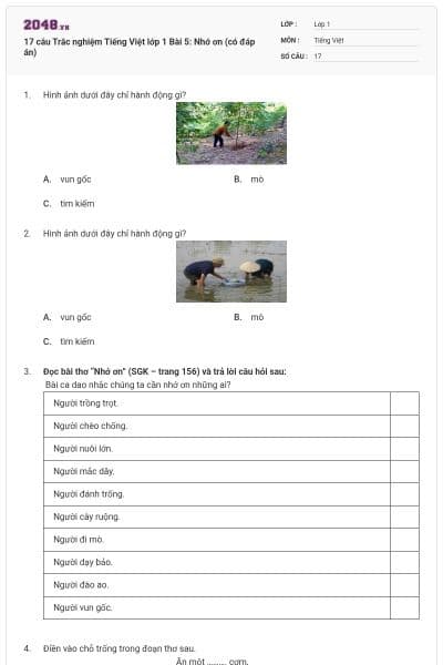 17 câu Trắc nghiệm Tiếng Việt lớp 1 Bài 5: Nhớ ơn (có đáp án)