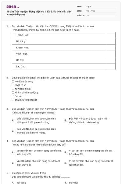 16 câu Trắc nghiệm Tiếng Việt lớp 1 Bài 6: Du lịch biển Việt Nam (có đáp án)