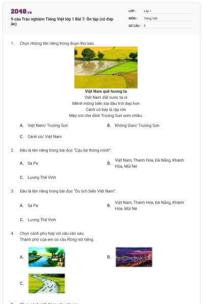 9 câu Trắc nghiệm Tiếng Việt lớp 1 Bài 7: Ôn tập (có đáp án)