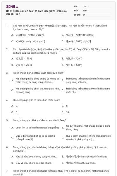 Bộ 24 đề thi cuối kì 1 Toán 11 Cánh diều (2023 - 2024) có đáp án - Đề 4