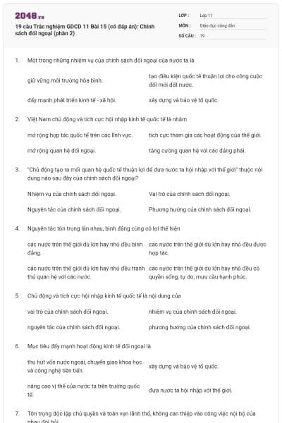 19 câu Trắc nghiệm GDCD 11 Bài 15 (có đáp án): Chính sách đối ngoại (phần 2)