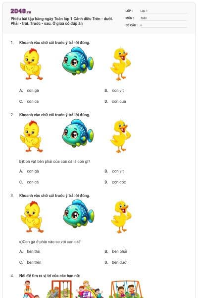 Phiếu bài tập hàng ngày Toán lớp 1 Cánh diều Trên - dưới. Phải - trái. Trước - sau. Ở giữa có đáp án