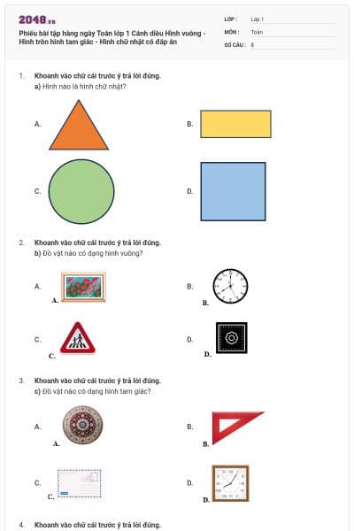 Phiếu bài tập hàng ngày Toán lớp 1 Cánh diều Hình vuông - Hình tròn hình tam giác - Hình chữ nhật có đáp án