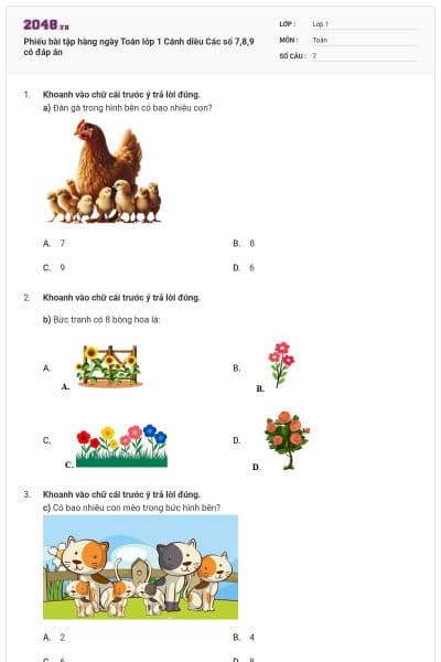 Phiếu bài tập hàng ngày Toán lớp 1 Cánh diều Các số 7,8,9 có đáp án