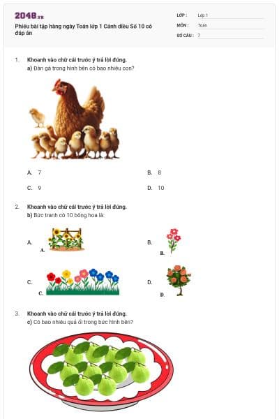 Phiếu bài tập hàng ngày Toán lớp 1 Cánh diều Số 10 có đáp án