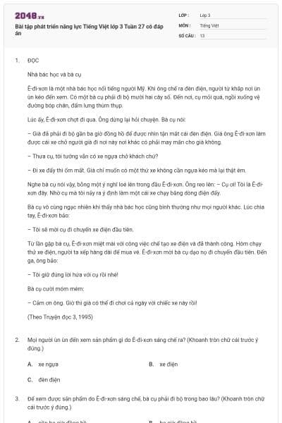 Bài tập phát triển năng lực Tiếng Việt lớp 3 Tuần 27 có đáp án