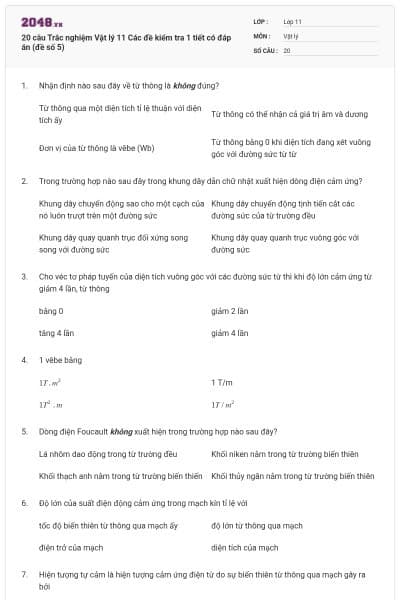 20 câu  Trắc nghiệm Vật lý 11 Các đề kiểm tra 1 tiết có đáp án (đề số 5)