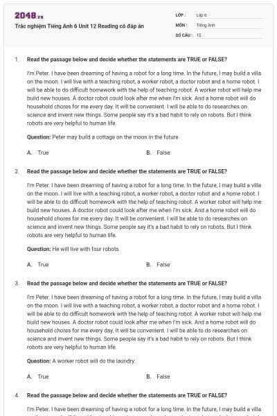 Trắc nghiệm Tiếng Anh 6 Unit 12 Reading có đáp án