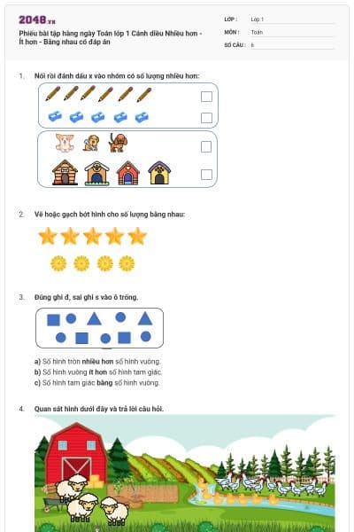 Phiếu bài tập hàng ngày Toán lớp 1 Cánh diều Nhiều hơn - Ít hơn - Bằng nhau có đáp án