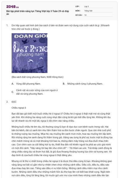 Bài tập phát triển năng lực Tiếng Việt lớp 3 Tuần 29 có đáp án