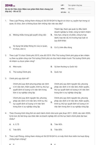 Đề ôn thi Viên chức Mầm non phần Kiến thức chung (có đáp án) - Đề số 22