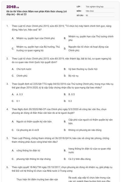 Đề ôn thi Viên chức Mầm non phần Kiến thức chung (có đáp án) - Đề số 23