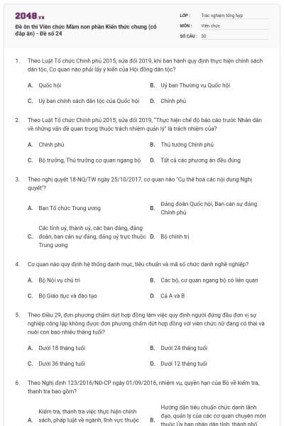 Đề ôn thi Viên chức Mầm non phần Kiến thức chung (có đáp án) - Đề số 24