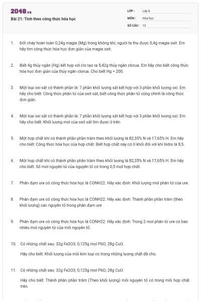 Bài 21: Tính theo công thức hóa học