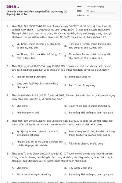 Đề ôn thi Viên chức Mầm non phần Kiến thức chung (có đáp án) - Đề số 26