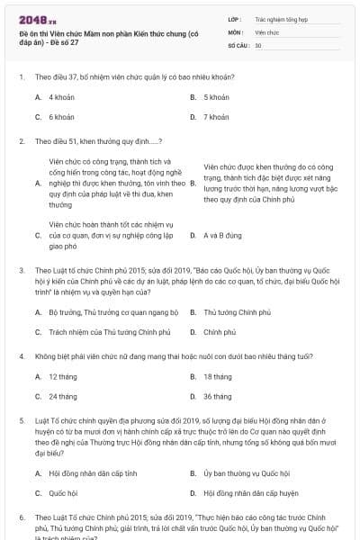 Đề ôn thi Viên chức Mầm non phần Kiến thức chung (có đáp án) - Đề số 27