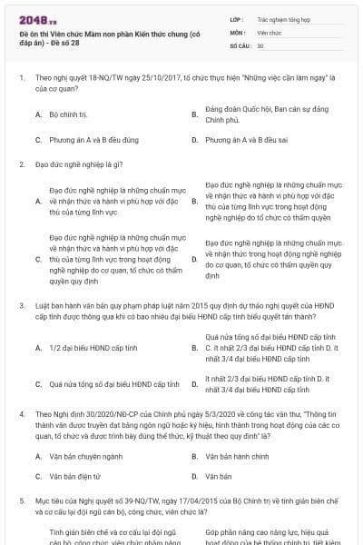 Đề ôn thi Viên chức Mầm non phần Kiến thức chung (có đáp án) - Đề số 28