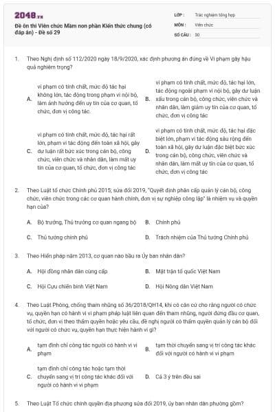 Đề ôn thi Viên chức Mầm non phần Kiến thức chung (có đáp án) - Đề số 29