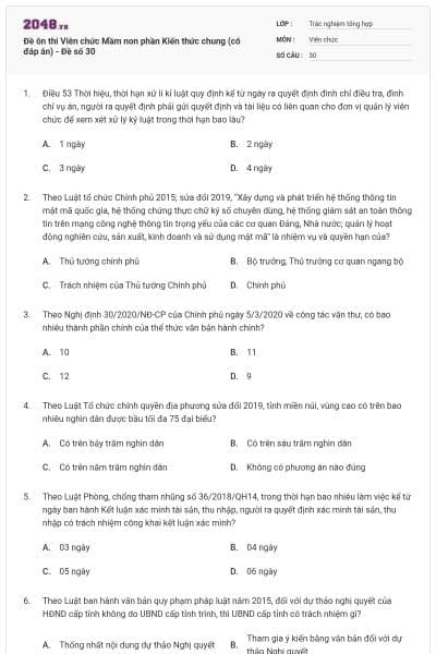 Đề ôn thi Viên chức Mầm non phần Kiến thức chung (có đáp án) - Đề số 30