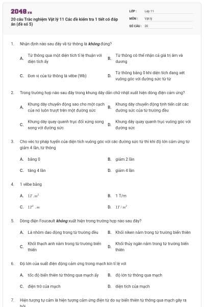 20 câu  Trắc nghiệm Vật lý 11 Các đề kiểm tra 1 tiết có đáp án (đề số 5)