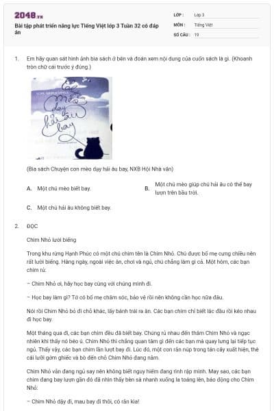 Bài tập phát triển năng lực Tiếng Việt lớp 3 Tuần 32 có đáp án