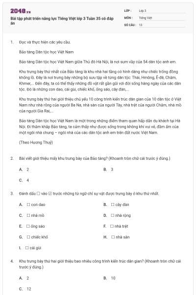 Bài tập phát triển năng lực Tiếng Việt lớp 3 Tuần 35 có đáp án