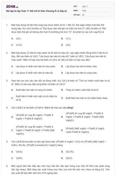 Bài tập ôn tập Toán 11 Kết nối tri thức Chương 8 có đáp án