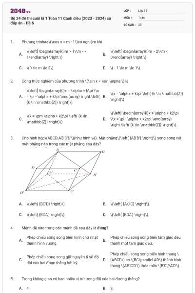 Bộ 24 đề thi cuối kì 1 Toán 11 Cánh diều (2023 - 2024) có đáp án - Đề 6