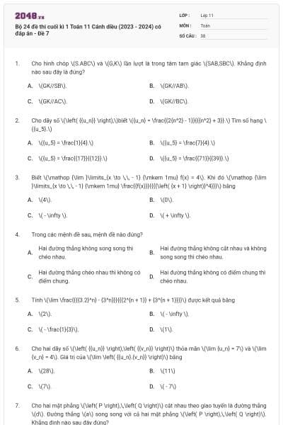 Bộ 24 đề thi cuối kì 1 Toán 11 Cánh diều (2023 - 2024) có đáp án - Đề 7