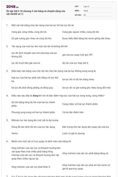 Ôn tập Vật lí 10 chương 3 cân bằng và chuyển động của vật rắn(Đề số 1)