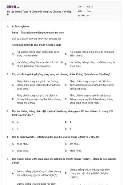 Bài tập ôn tập Toán 11 Chân trời sáng tạo Chương 4 có đáp án