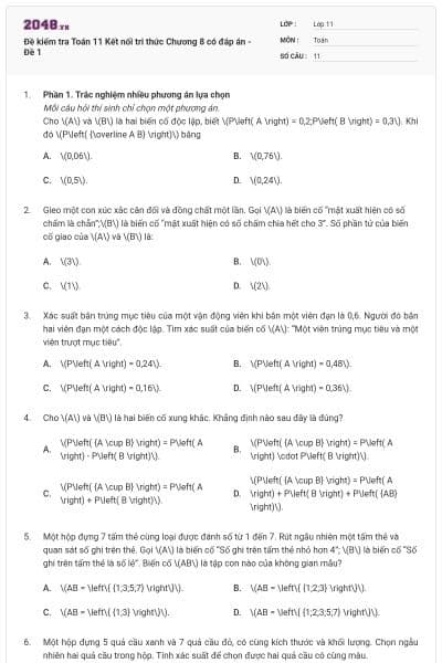 Đề kiểm tra Toán 11 Kết nối tri thức Chương 8 có đáp án - Đề 1