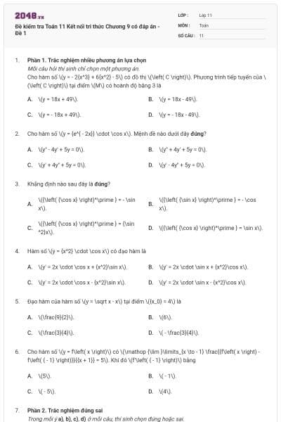 Đề kiểm tra Toán 11 Kết nối tri thức Chương 9 có đáp án - Đề 1