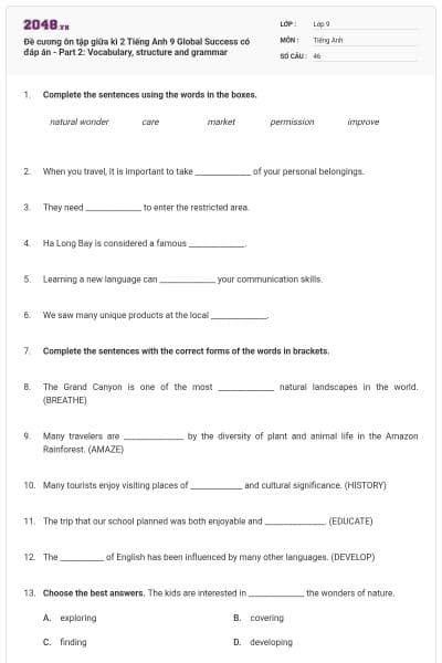 Đề cương ôn tập giữa kì 2 Tiếng Anh 9 Global Success có đáp án - Part 2: Vocabulary, structure and grammar