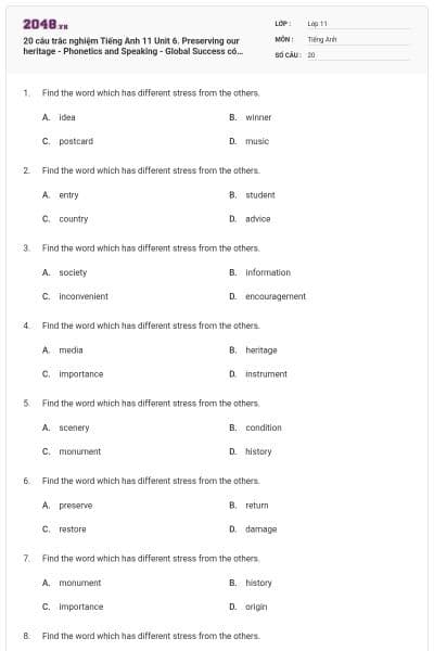 20 câu trắc nghiệm Tiếng Anh 11 Unit 6. Preserving our heritage - Phonetics and Speaking - Global Success có đáp án