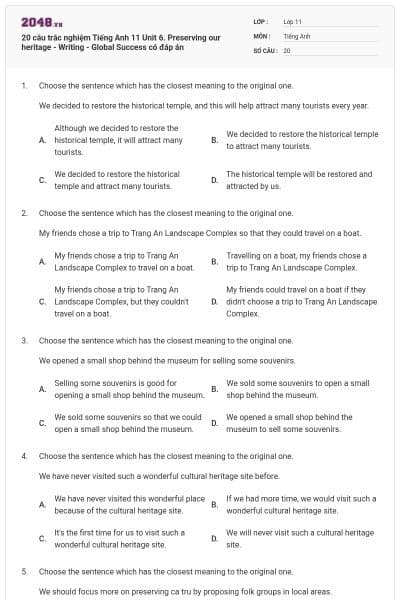20 câu trắc nghiệm Tiếng Anh 11 Unit 6. Preserving our heritage - Writing - Global Success có đáp án