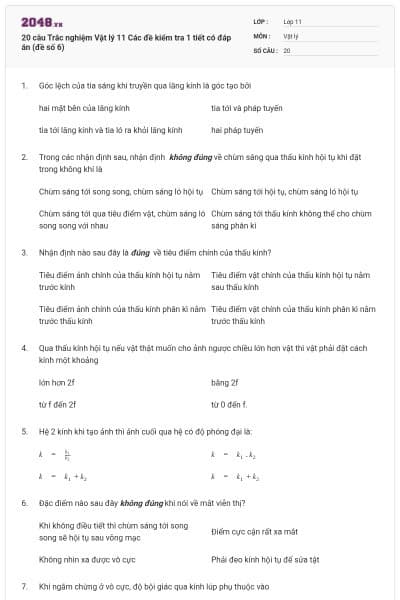 20 câu  Trắc nghiệm Vật lý 11 Các đề kiểm tra 1 tiết có đáp án (đề số 6)