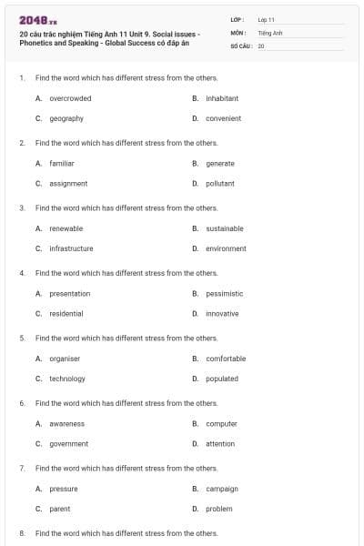 20 câu trắc nghiệm Tiếng Anh 11 Unit 9. Social issues - Phonetics and Speaking - Global Success có đáp án