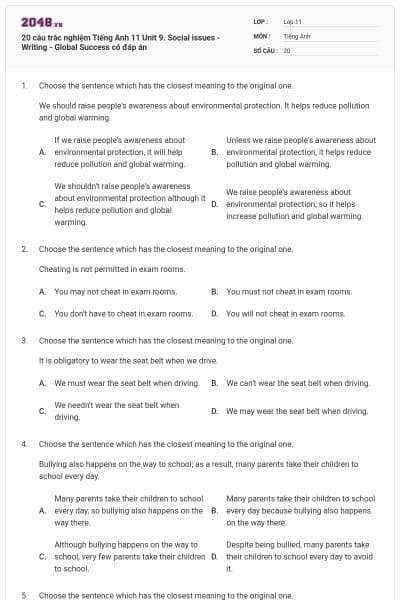 20 câu trắc nghiệm Tiếng Anh 11 Unit 9. Social issues - Writing - Global Success có đáp án