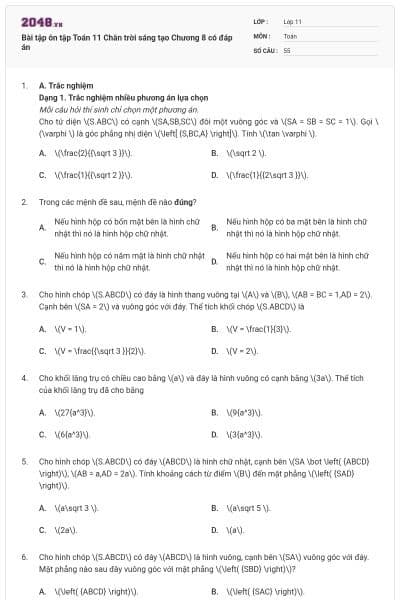 Bài tập ôn tập Toán 11 Chân trời sáng tạo Chương 8 có đáp án