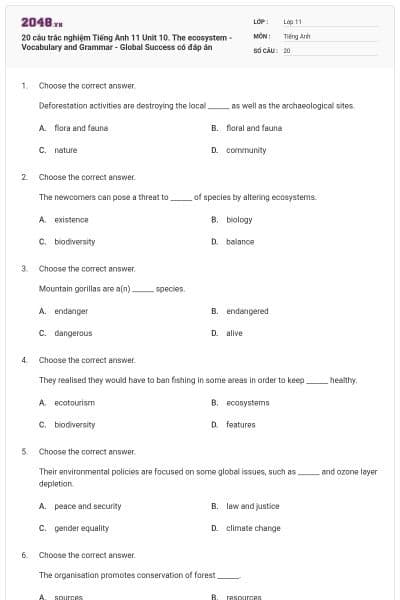 20 câu trắc nghiệm Tiếng Anh 11 Unit 10. The ecosystem - Vocabulary and Grammar - Global Success có đáp án
