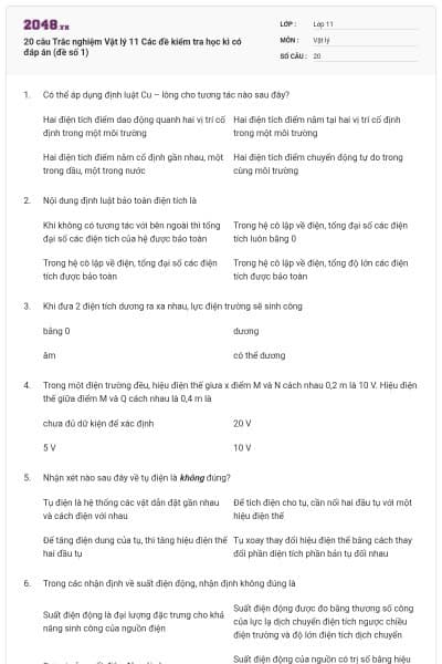 20 câu Trắc nghiệm Vật lý 11 Các đề kiểm tra học kì có đáp án (đề số 1)